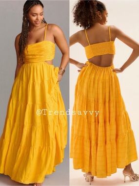 Anthropologie Let Me Be Mango Cutout Tiered Maxi Dress Open Back Size L NWT